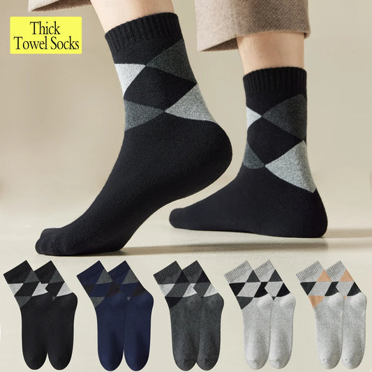 Mens Retro Argyle Cotton Fleece Lined Mid Calf Socks