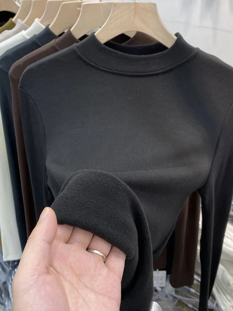 White Cotton Slim Fit Long Sleeve Half Turtleneck Women