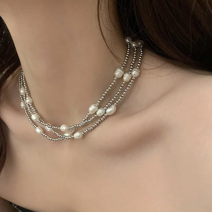 100 Percent Natural Baroque Freshwater Pearl Trendy Stainless Steel Three Layer Chains Necklace for Women Gifts