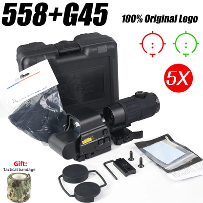 E*T*CH 558 Holographic Red Green Dot Sight Collimator Tactical 3X 5X Magnifier Combo for Hunting and Airsoft Riflescope 558 G45--H--BK