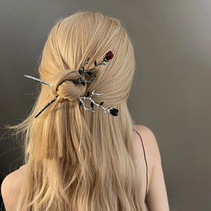 Vintage Rose Flower Crystal Hairpin Stick for Women Fashion Alloy Headwear
