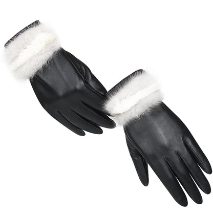 Autumn Winter Colorblocked Mink Lambskin Touchscreen Gloves