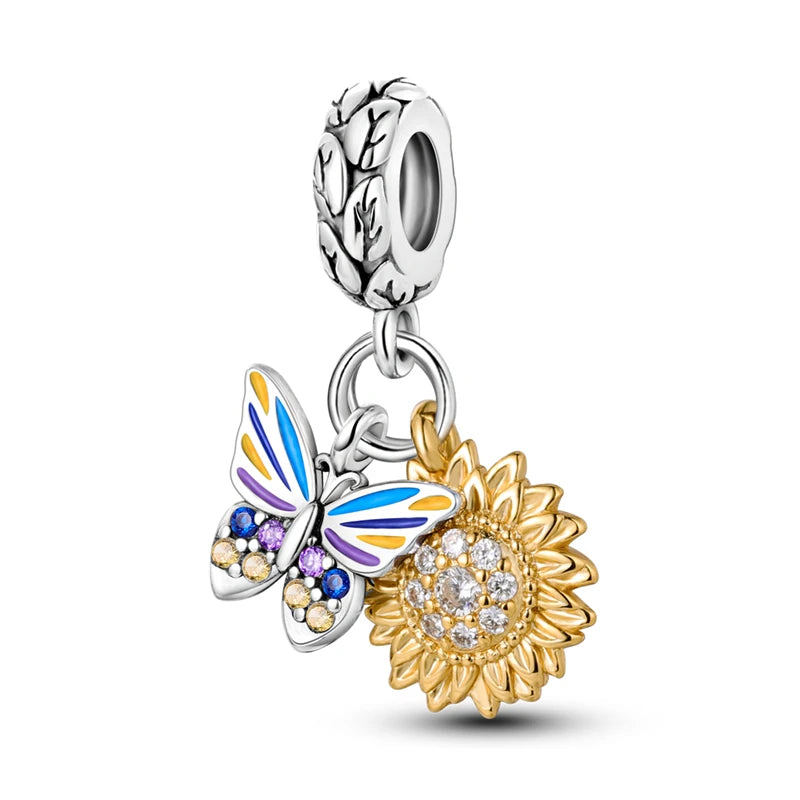 Sterling Silver Heart Sunflower Charm Pendant For Bracelet
