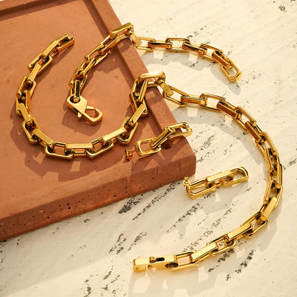 Enfashion Women's 18K Gold Plated Square Chunky Chain Necklace and Bracelet Set