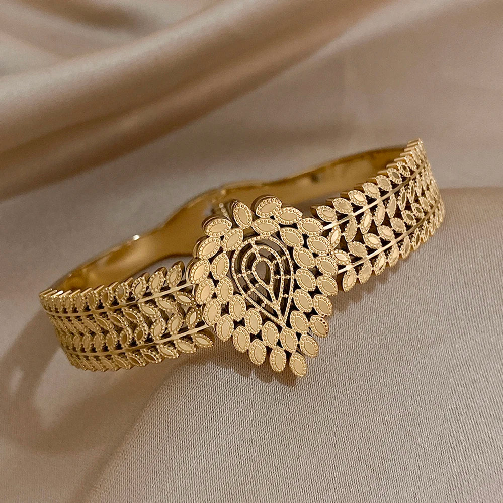 Vintage Stainless Steel Teardrop Leaf Cuff Bracelet for Women and Men
