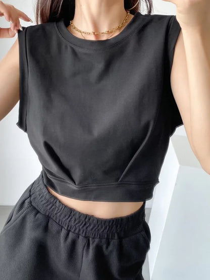 Dozw Women Solid Color Crop Tank Top O Neck Cotton Blend