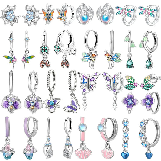 925 Sterling Silver Tulip Hoop Earrings with Dragonfly Firefly Bow Shell Conch and Turtle Designs Fine Jewelry Gifts for Women