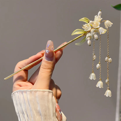 Elegant Gold Red Floral Pearl Long Tassel Hairpins Bridal Chinese Wedding Headpiece