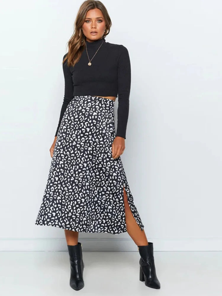 Leopard Print Chiffon Split Maxi Skirt Women Zip Elegant