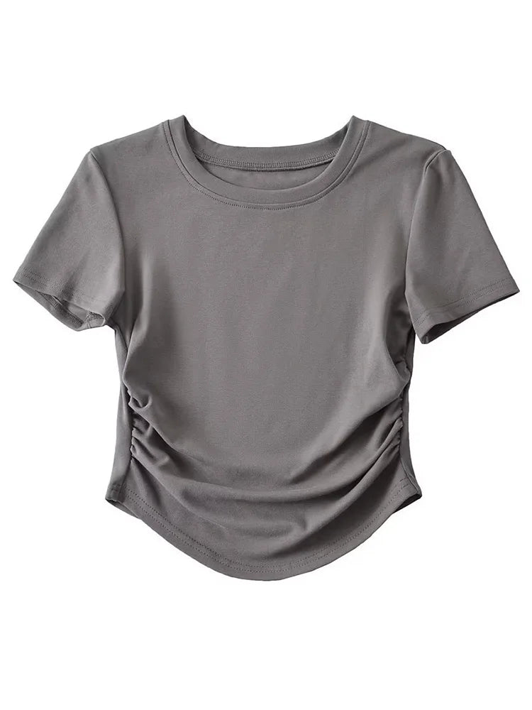 Harajuku 2024 Womens Crew Neck Ruched Side Cotton Tee