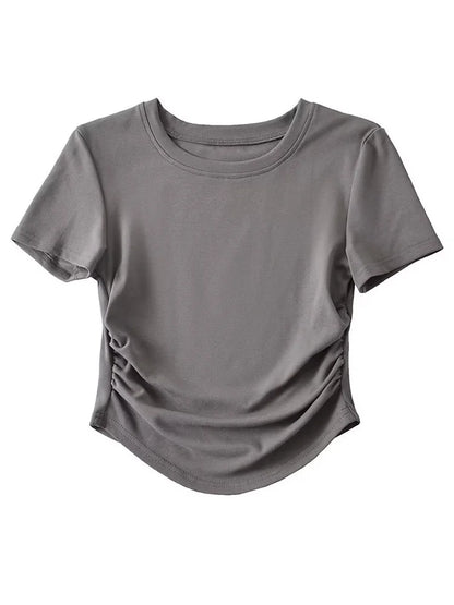 Harajuku 2024 Womens Crew Neck Ruched Side Cotton Tee