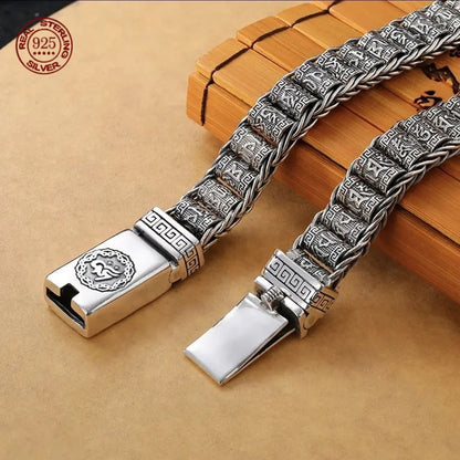 Vintage Silver Six-Character Mantra Bracelet for Men and Women