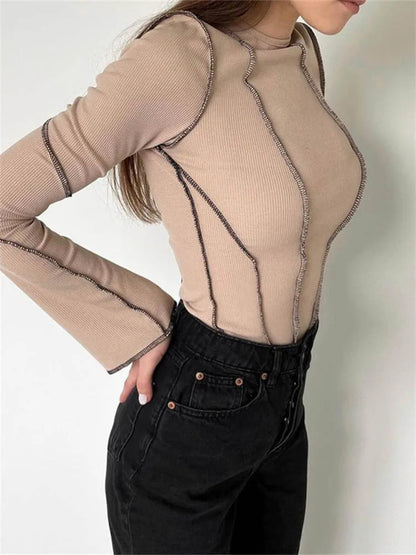 Dozw Patchwork Knit Tee For Women Chic Long Sleeve Ribbed
