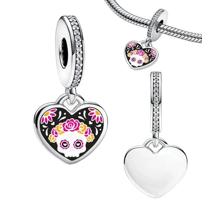 Sterling Silver Pink Blossom Dangle Charm with Butterfly Heart Flower Rose and Bird Bead for DIY Necklace and Bracelet Jewelry