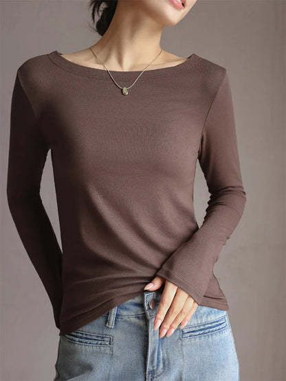 Dozw Women Slim Fit Modal T Shirt Slash Neck Korean Top