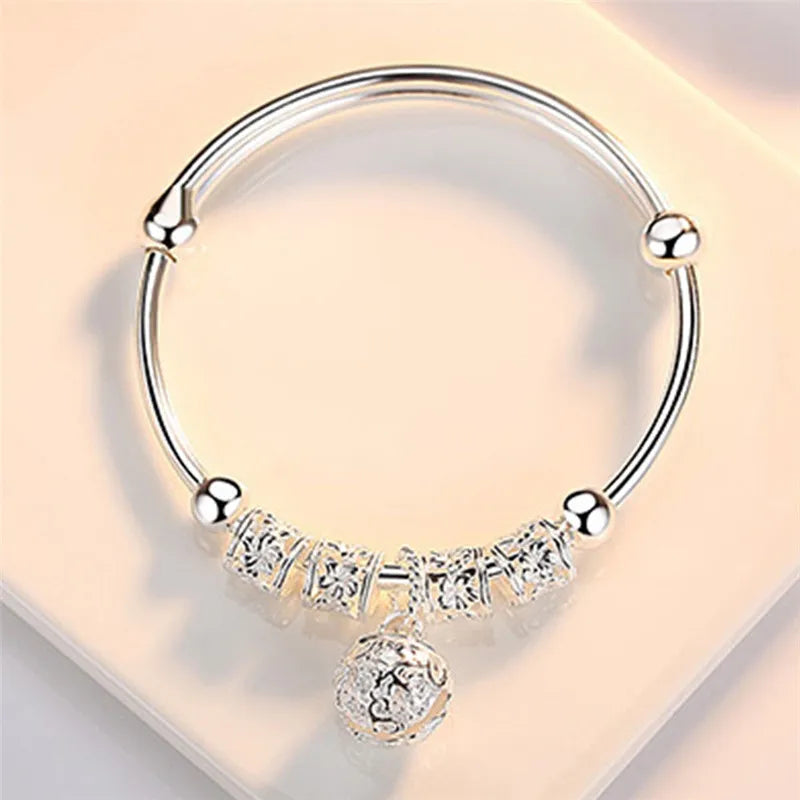Fine 925 Sterling Silver Hollow Bells Ball Bangles Adjustable Bracelets for Women Stylish Holiday Gifts and Wedding Jewelry