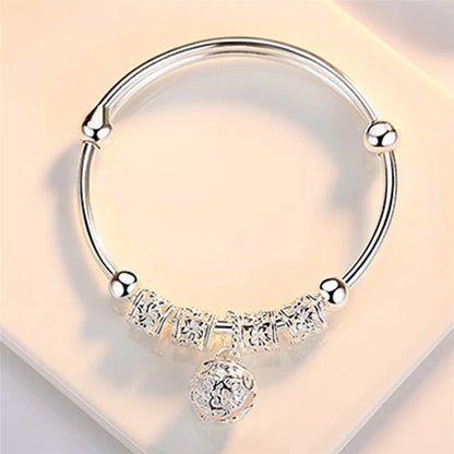 Fine 925 Sterling Silver Hollow Bells Ball Bangles Adjustable Bracelets for Women Stylish Holiday Gifts and Wedding Jewelry