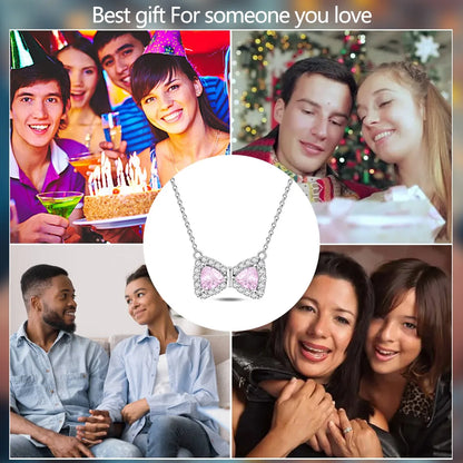925 Sterling Silver Necklace with Pink Bow Heart Moon Butterfly Pendant Elegant Zircon Charm for Women Classic DIY Gift