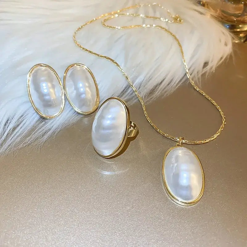 Oval Pearl Necklace and Earrings Set for Women Wedding Jewelry
