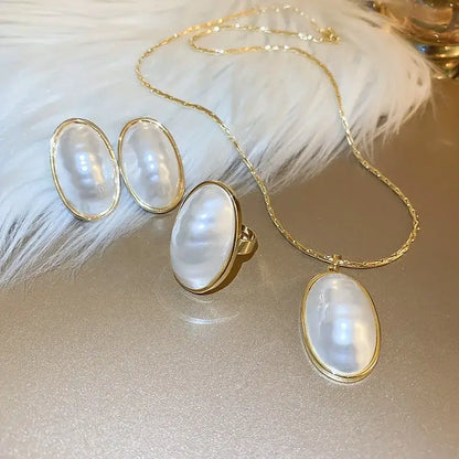 Oval Pearl Necklace and Earrings Set for Women Wedding Jewelry