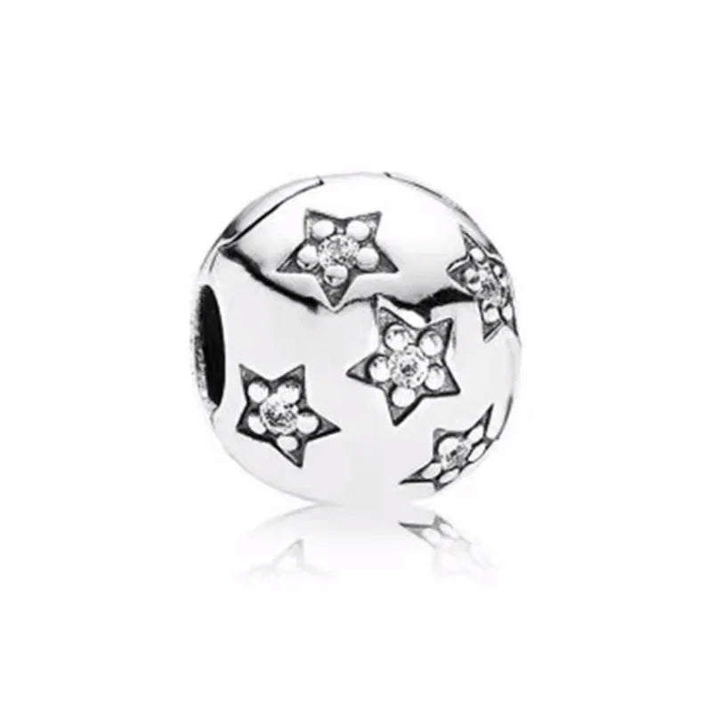 Sterling Silver Pave Star Crescent Moon Bead Bracelet