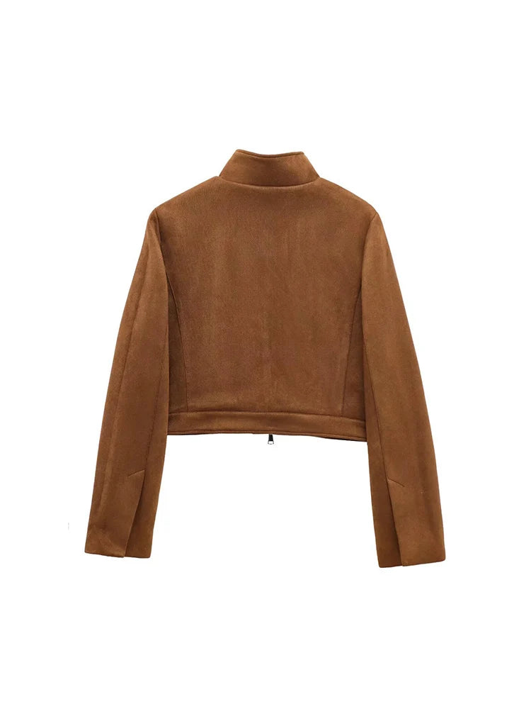 Brown Suede Stand Collar Short Jacket Zip Y2K Long Sleeve