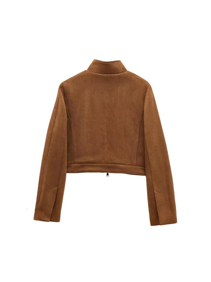 Brown Suede Stand Collar Short Jacket Zip Y2K Long Sleeve