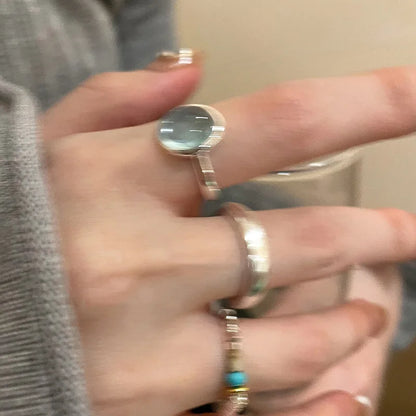 Hip Hop Blue Zircon Curved Matte Metal Ring for Women Retro Fashion Jewelry