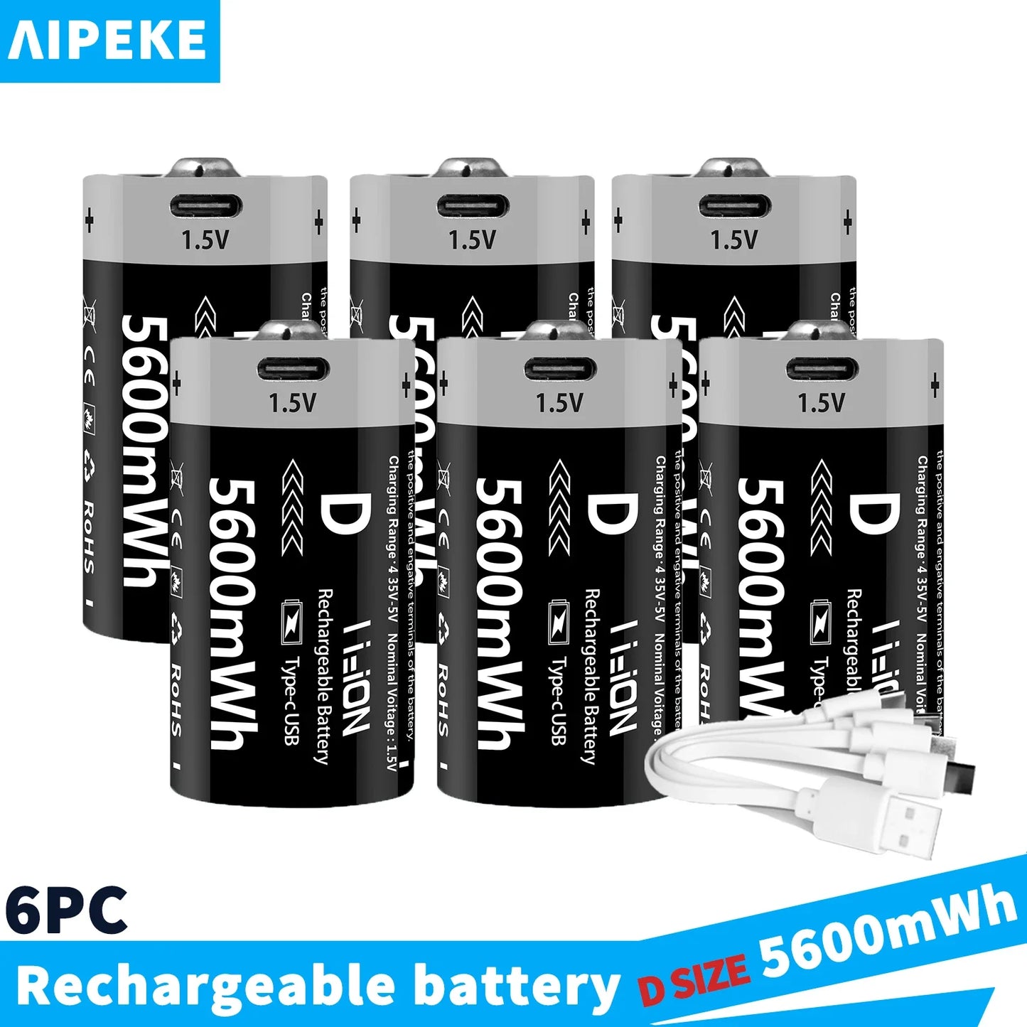 AIPEKE 2-10PC USB 5600mWh D Size Rechargeable Lithium Batteries D SIZE 5600mWh 6PC 1.5V