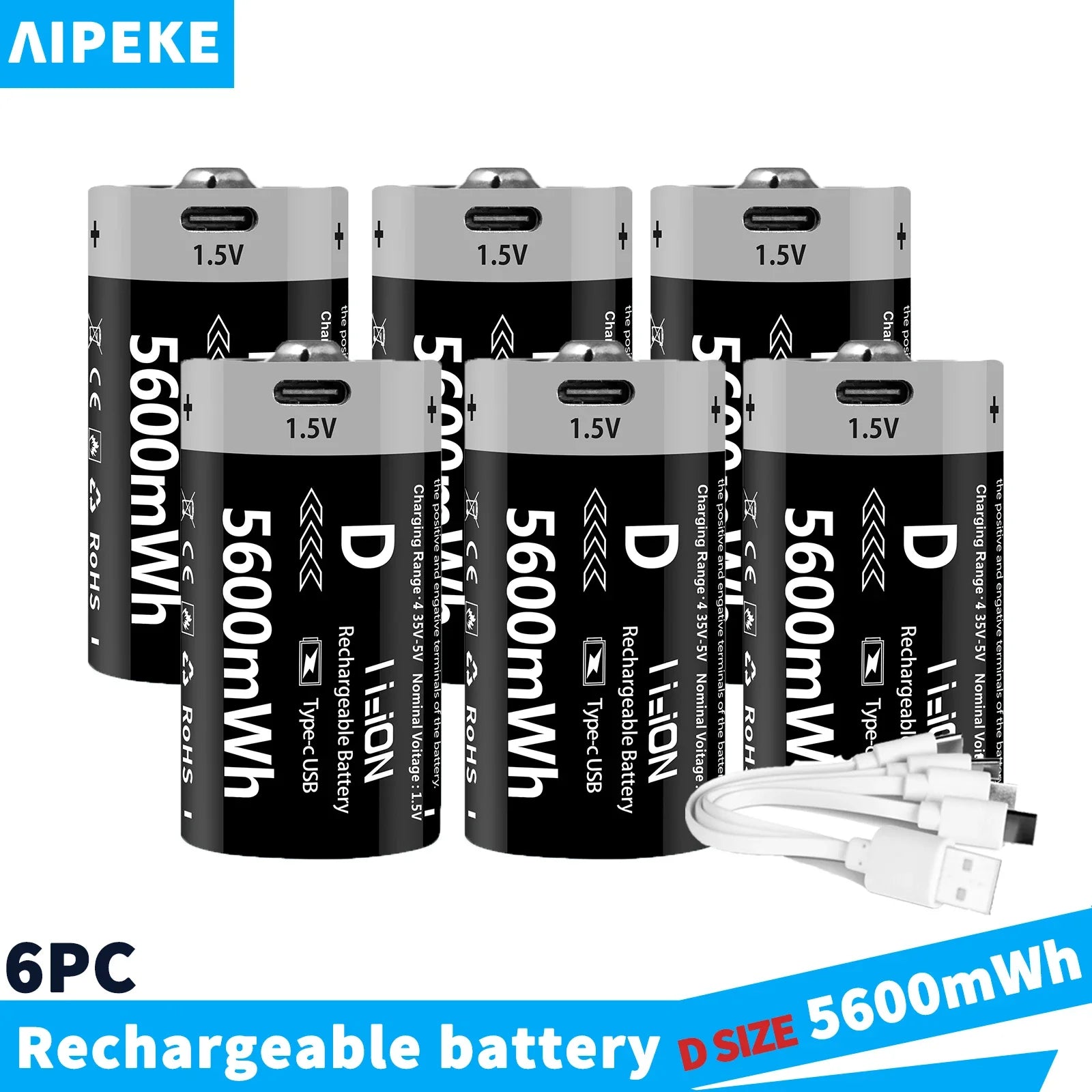 AIPEKE 2-10PC USB 5600mWh D Size Rechargeable Lithium Batteries D SIZE 5600mWh 6PC 1.5V