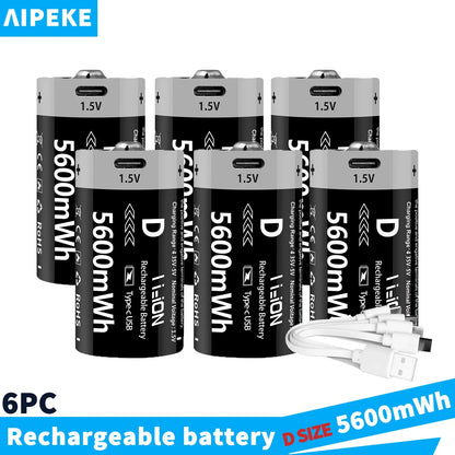 AIPEKE 2-10PC USB 5600mWh D Size Rechargeable Lithium Batteries D SIZE 5600mWh 6PC 1.5V