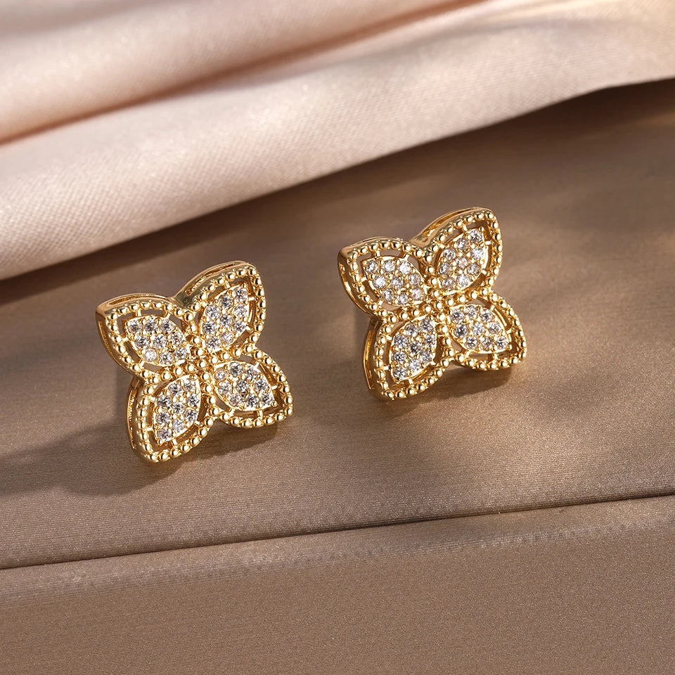 ZAKOL 18K Gold Four-Leaf Flower Cubic Zirconia Stud Earrings for Women