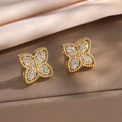 ZAKOL 18K Gold Four-Leaf Flower Cubic Zirconia Stud Earrings for Women