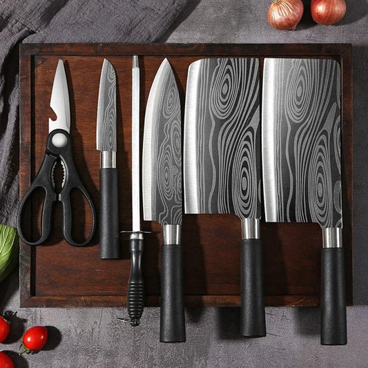 Laser Damascus Pattern Stainless Steel Kitchen Knife Set With Scissors And Sharpening Rod For Precision Cutting And Chef Use