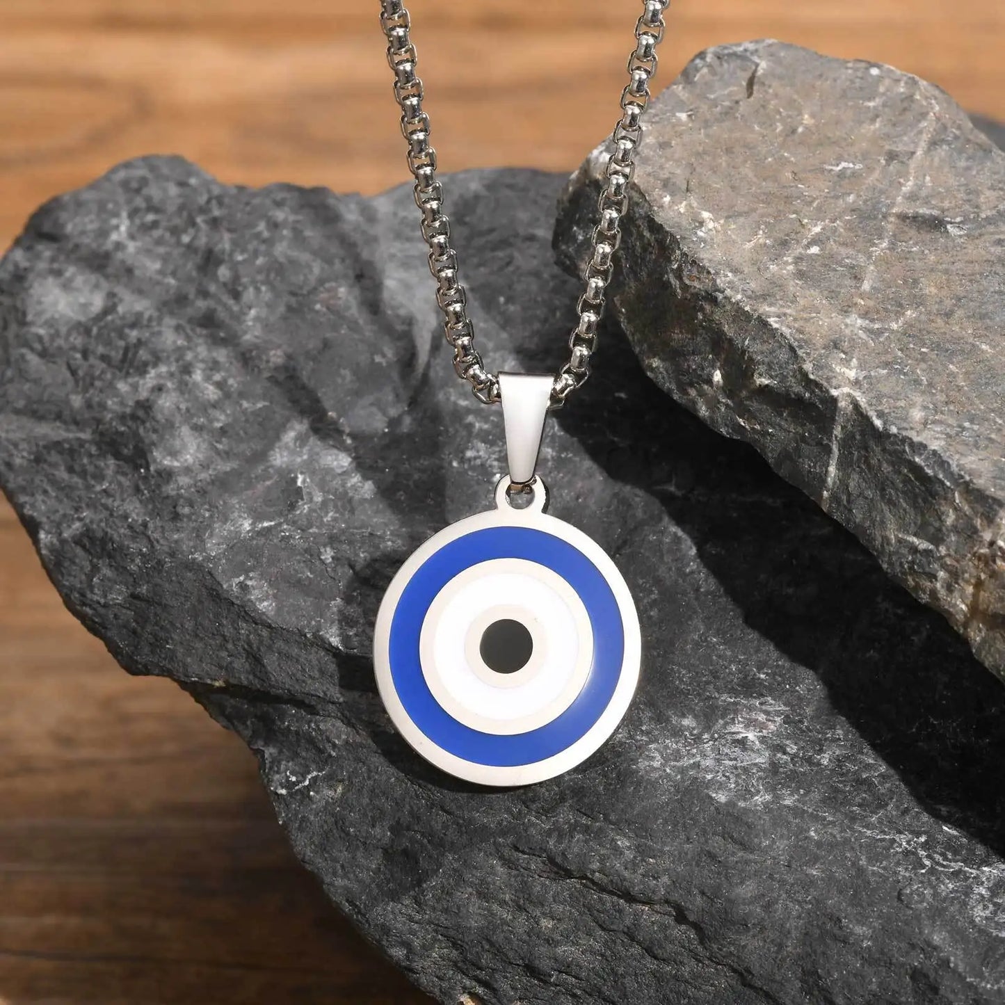 Men's Stainless Steel Evil Eye Necklace with Turkish Charm and Box Rope Chain