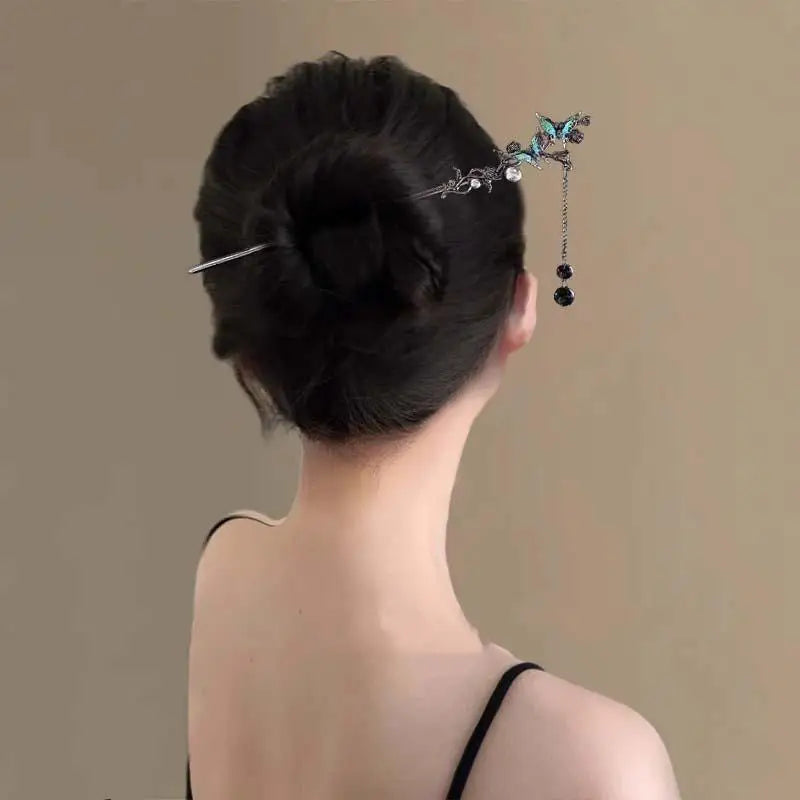 Elegant Double Butterfly Tassel Hairpin with Black Beads Fringe for Women Hanfu Style