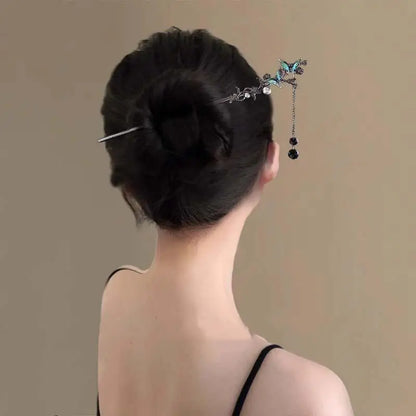 Elegant Double Butterfly Tassel Hairpin with Black Beads Fringe for Women Hanfu Style