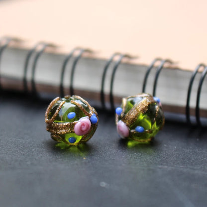 Handmade Lampwork Glass Flower Beads Set with Gold Accents for Jewelry Crafting