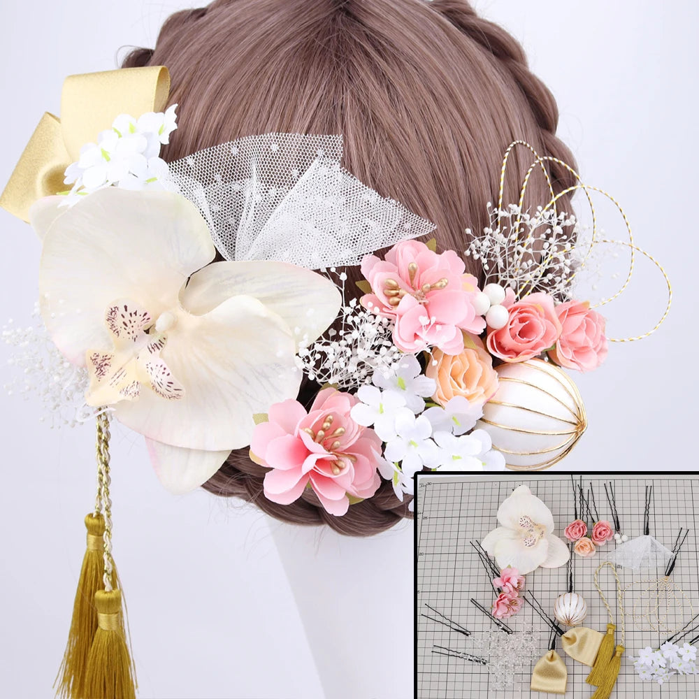 Japanese Handmade Fabric Flower Kimono Hairpin with Tassel for Weddings and Festivals