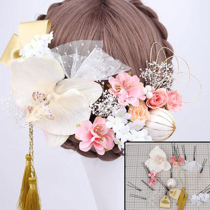 Japanese Handmade Fabric Flower Kimono Hairpin with Tassel for Weddings and Festivals