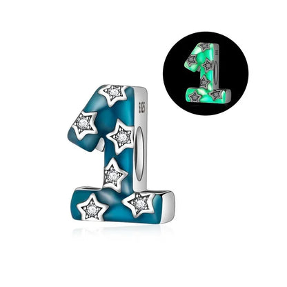 925 Sterling Silver Numeral Noctilucent Zircon Bead Dangle Charm for Bracelet and Necklace Gift