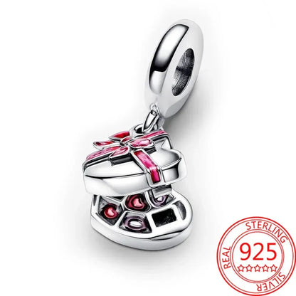 Original 925 Sterling Silver Heart Bow Mom Charm with Zircon for Women DIY Bracelets and Necklaces Fine Birthday and Mothers Day Jewelry Gift