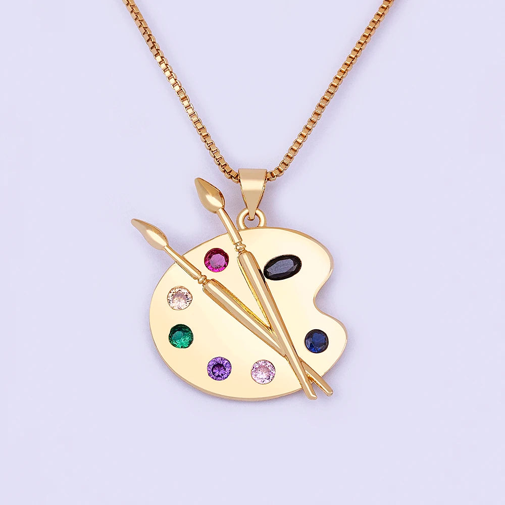 Colorful Zirconia Palette Pendant Necklace for Women Art-Inspired Brush Chain Jewelry
