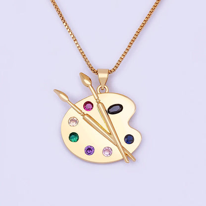 Colorful Zirconia Palette Pendant Necklace for Women Art-Inspired Brush Chain Jewelry