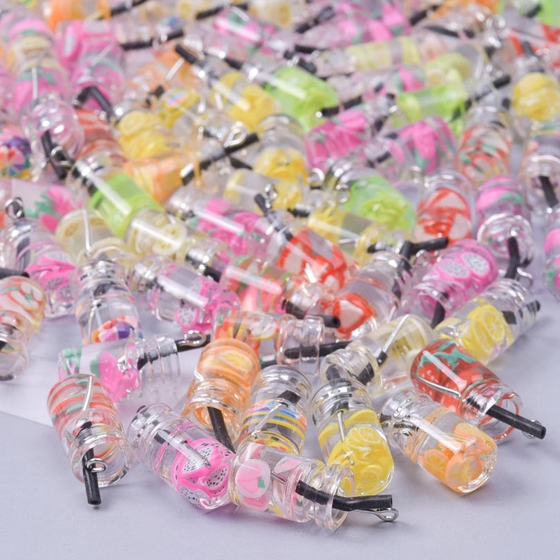 Vibrant 3D Fruit Drink Bottle Charms Set for Jewelry and DIY Crafting