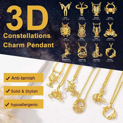U7 Zodiac Constellations Pendant Necklace Unisex 3D Horoscope Charm Jewelry Gift