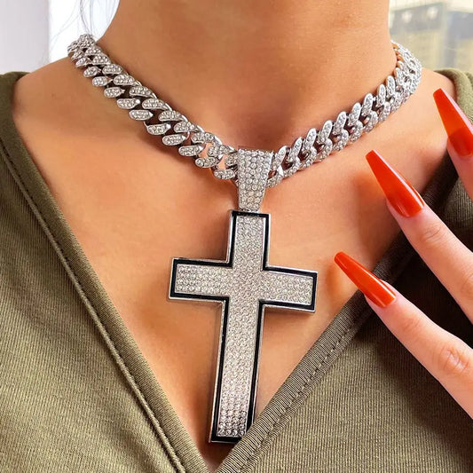 Punk Luxury Rhinestone Cross Pendant Cuban Link Necklace for Women and Men Hip Hop Iced Out Jewelry