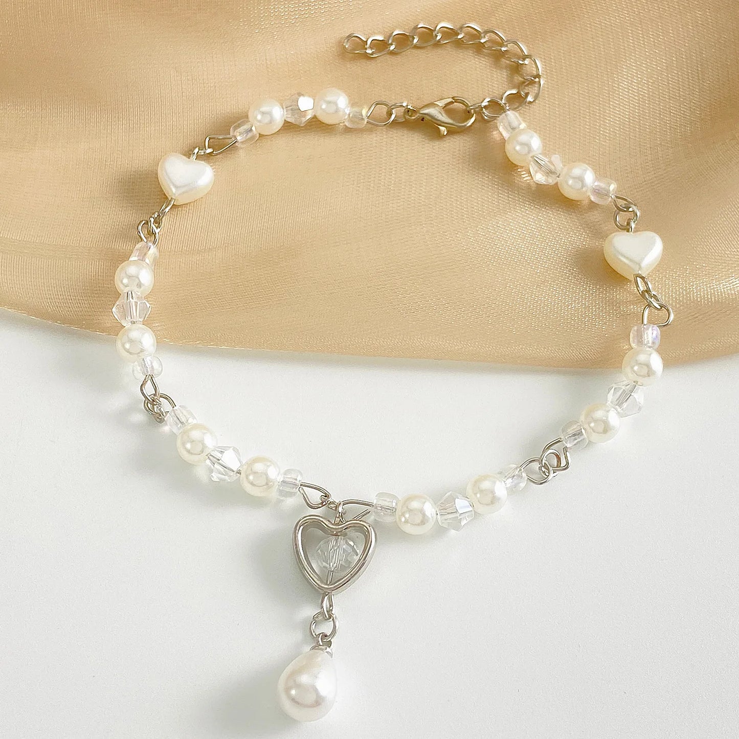 Elegant Simulated Pearl Heart Charm Necklace and Bracelet Jewelry Set for Women