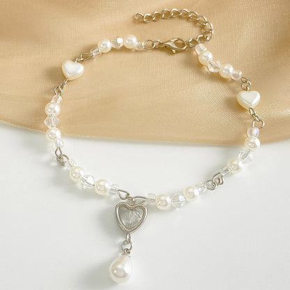 Elegant Simulated Pearl Heart Charm Necklace and Bracelet Jewelry Set for Women