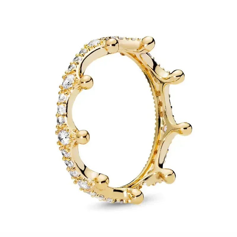 Elegant Gold Tone 925 Sterling Silver Heart Crown Ring for Women Brown
